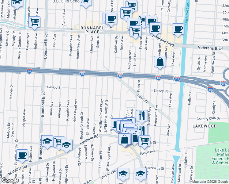 map of restaurants, bars, coffee shops, grocery stores, and more near 72 Oaklawn Drive in Metairie