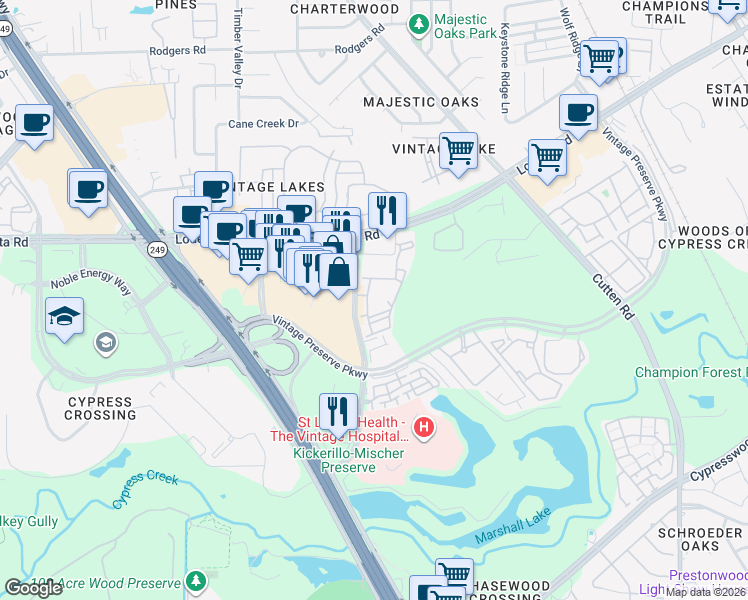 map of restaurants, bars, coffee shops, grocery stores, and more near 19945 Chasewood Park Drive in Houston