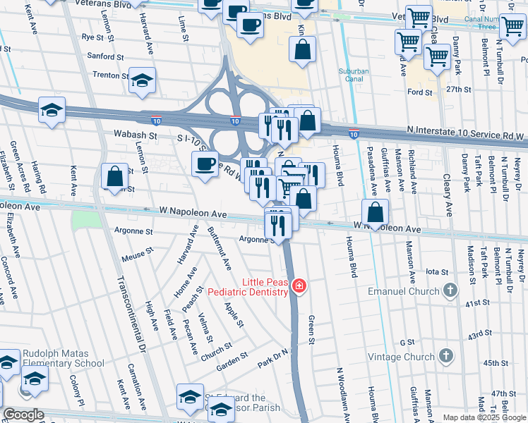 map of restaurants, bars, coffee shops, grocery stores, and more near 4621 West Napoleon Avenue in Metairie
