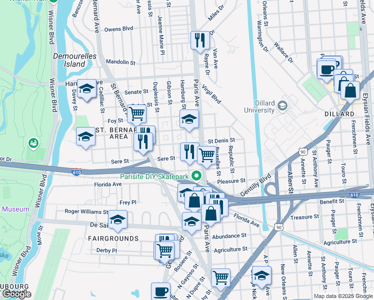 map of restaurants, bars, coffee shops, grocery stores, and more near 3650 Hamburg Street in New Orleans