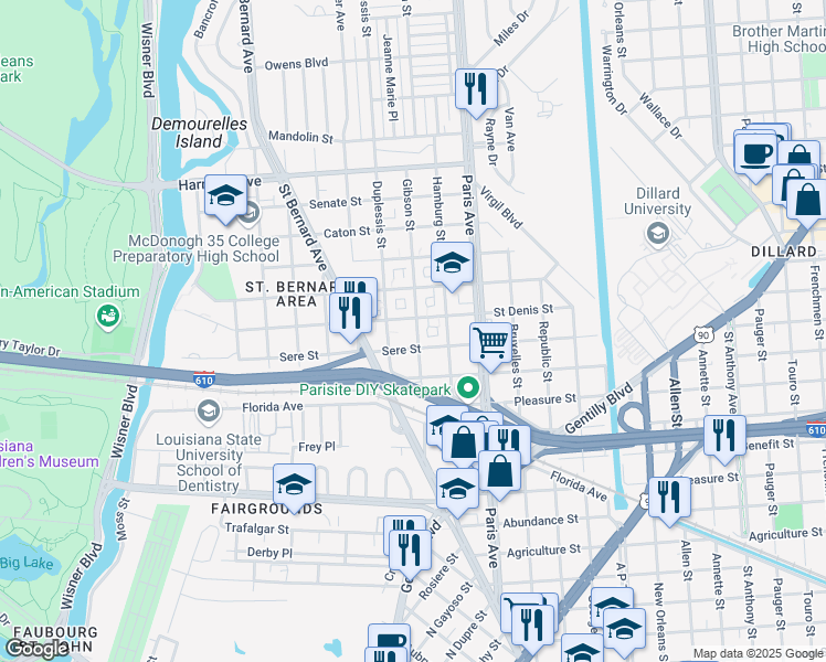 map of restaurants, bars, coffee shops, grocery stores, and more near 3636 Gibson Street in New Orleans