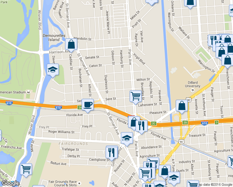 map of restaurants, bars, coffee shops, grocery stores, and more near 3639 Gibson Street in New Orleans