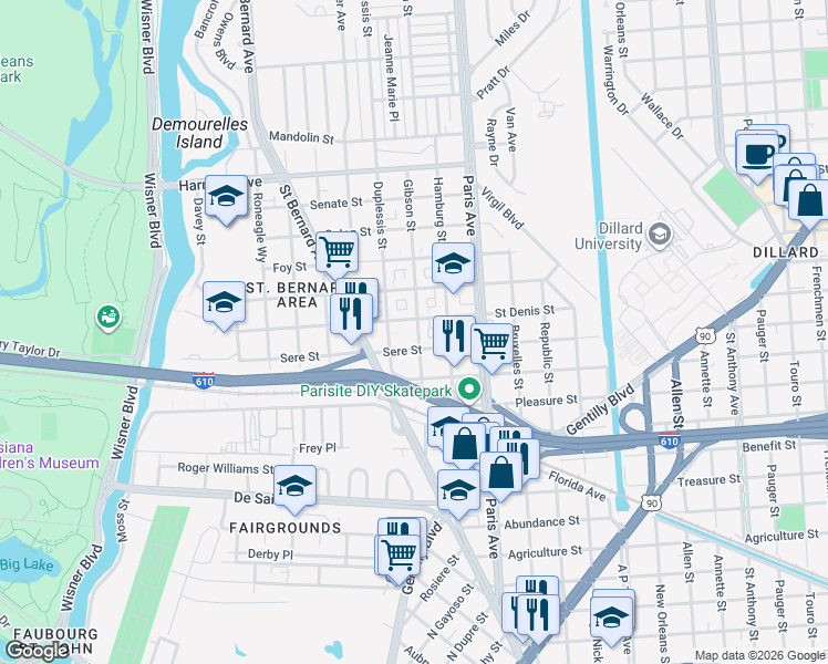 map of restaurants, bars, coffee shops, grocery stores, and more near 3636 Gibson Street in New Orleans
