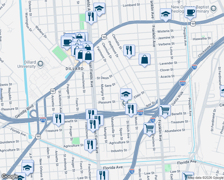 map of restaurants, bars, coffee shops, grocery stores, and more near 2332 Lafreniere Street in New Orleans