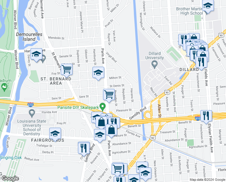 map of restaurants, bars, coffee shops, grocery stores, and more near 1642 Sere Street in New Orleans