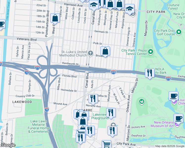 map of restaurants, bars, coffee shops, grocery stores, and more near 5701 Vicksburg Street in New Orleans