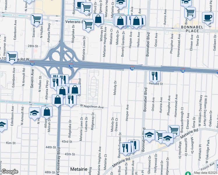 map of restaurants, bars, coffee shops, grocery stores, and more near 2112 Metairie Court in Metairie