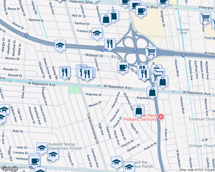map of restaurants, bars, coffee shops, grocery stores, and more near 4848 West Napoleon Avenue in Metairie