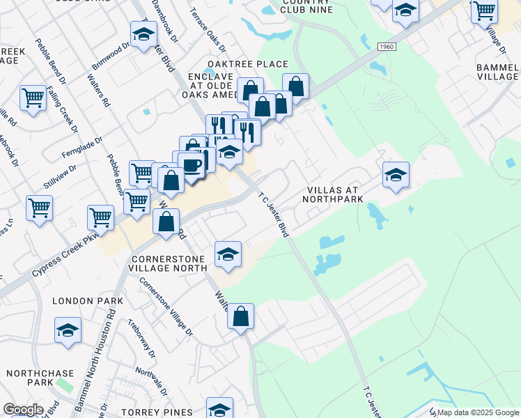 map of restaurants, bars, coffee shops, grocery stores, and more near 14441 T C Jester Boulevard in Houston