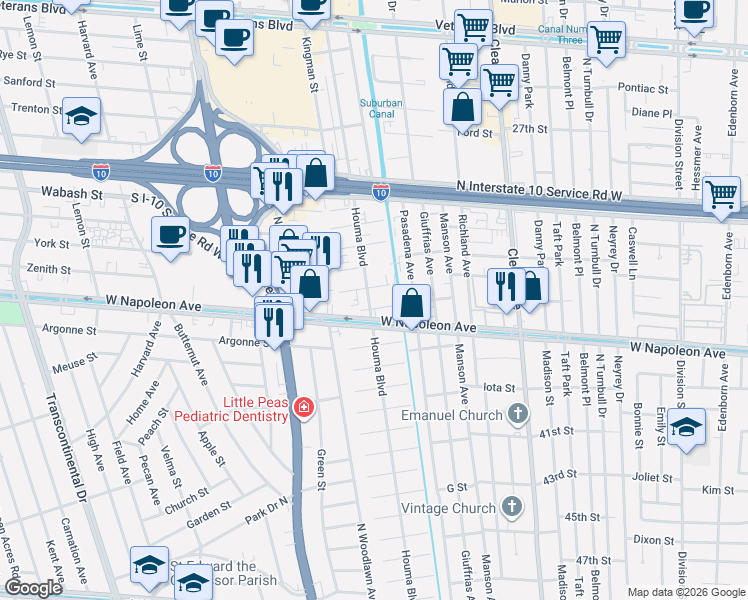 map of restaurants, bars, coffee shops, grocery stores, and more near 2221 Houma Boulevard in Metairie
