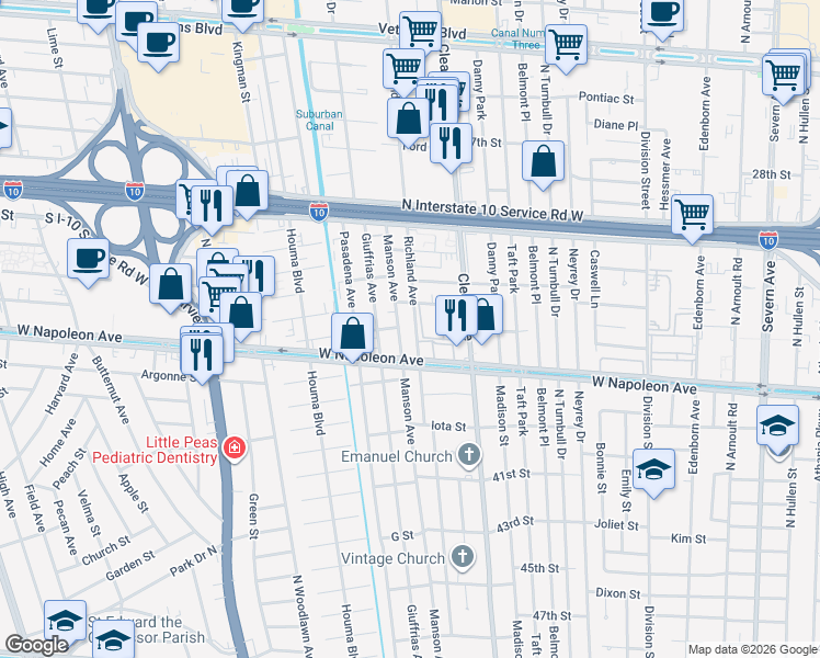 map of restaurants, bars, coffee shops, grocery stores, and more near 2109 Manson Avenue in Metairie