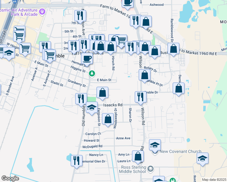 map of restaurants, bars, coffee shops, grocery stores, and more near 182 Willow Street in Humble