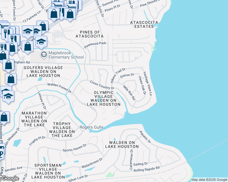 map of restaurants, bars, coffee shops, grocery stores, and more near 18930 Hikers Trail Drive in Humble