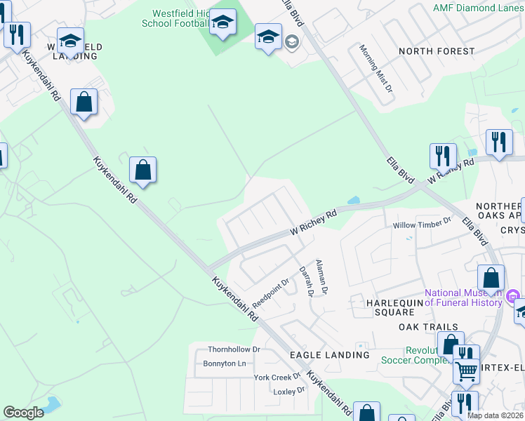 map of restaurants, bars, coffee shops, grocery stores, and more near 14523 Royal Mountain Drive in Houston
