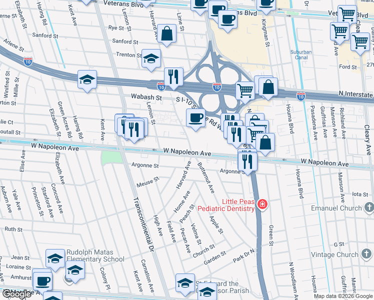 map of restaurants, bars, coffee shops, grocery stores, and more near 4812 West Napoleon Avenue in Metairie
