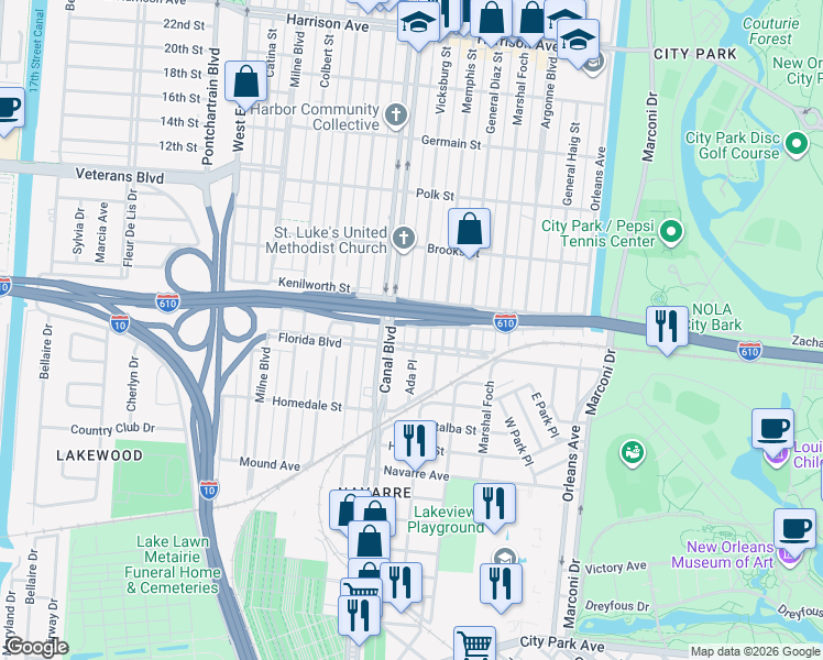 map of restaurants, bars, coffee shops, grocery stores, and more near 5701 Vicksburg Street in New Orleans