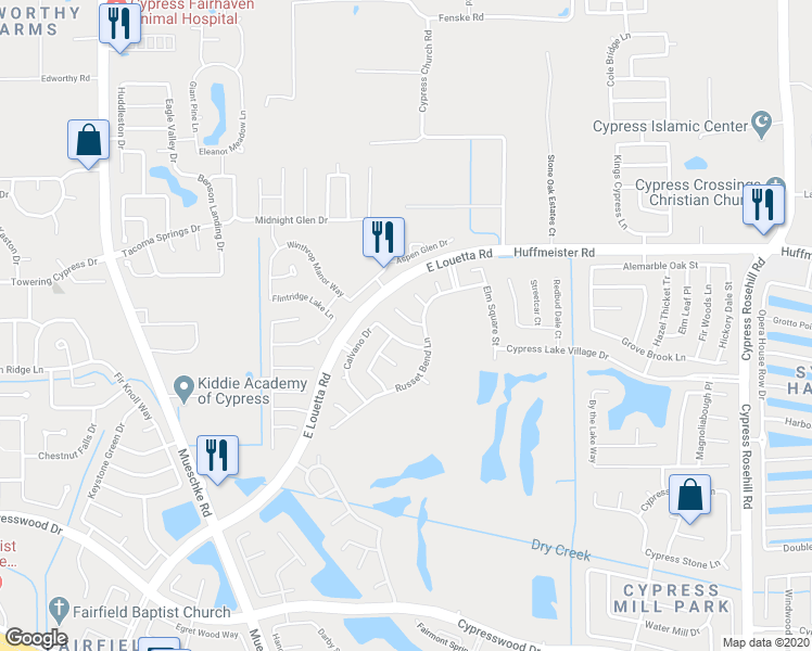 map of restaurants, bars, coffee shops, grocery stores, and more near 19015 Rion Hill Court in Cypress