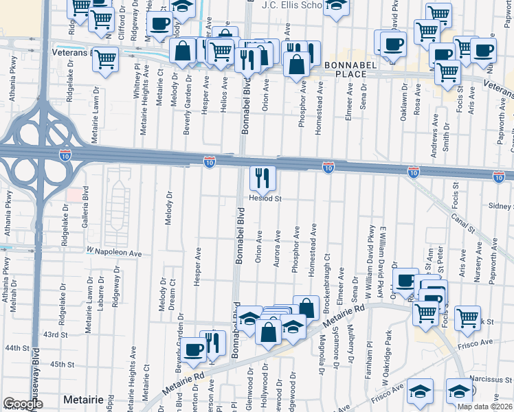 map of restaurants, bars, coffee shops, grocery stores, and more near 431 Bonnabel Boulevard in Metairie