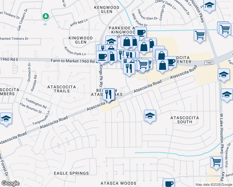 map of restaurants, bars, coffee shops, grocery stores, and more near 6750 Atascocita Road in Humble