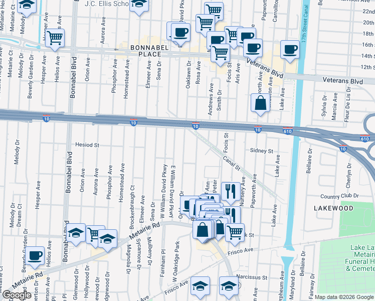 map of restaurants, bars, coffee shops, grocery stores, and more near 72 Oaklawn Drive in Metairie