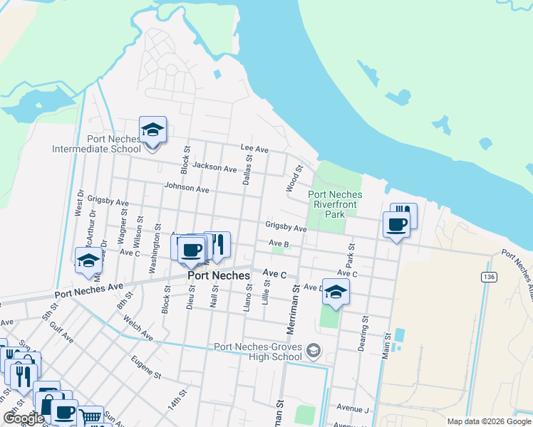 map of restaurants, bars, coffee shops, grocery stores, and more near 813 Avenue A in Port Neches