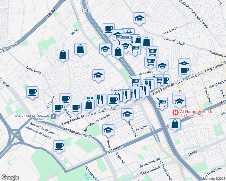map of restaurants, bars, coffee shops, grocery stores, and more near Mostafa El-Masry in Al Haram