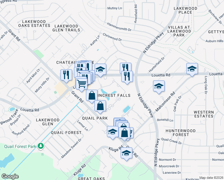 map of restaurants, bars, coffee shops, grocery stores, and more near 14 Wincrest Falls Drive in Cypress