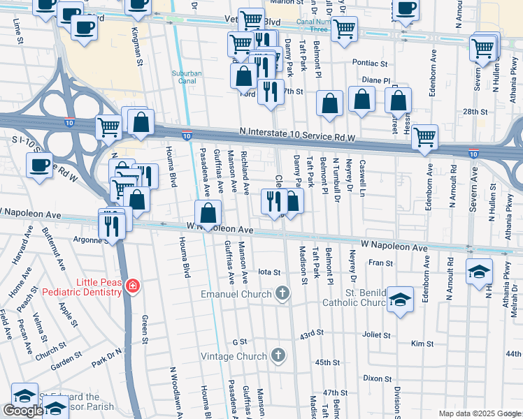 map of restaurants, bars, coffee shops, grocery stores, and more near 2220 Cleary Avenue in Metairie