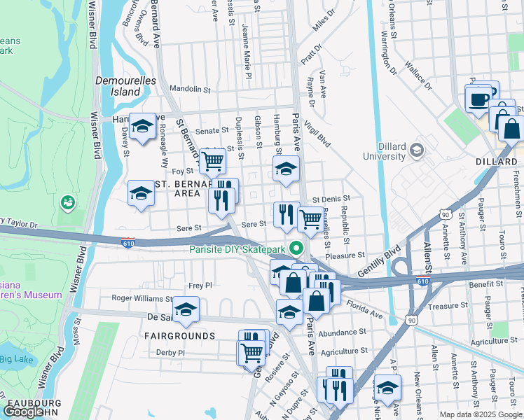 map of restaurants, bars, coffee shops, grocery stores, and more near 3640 Gibson Street in New Orleans