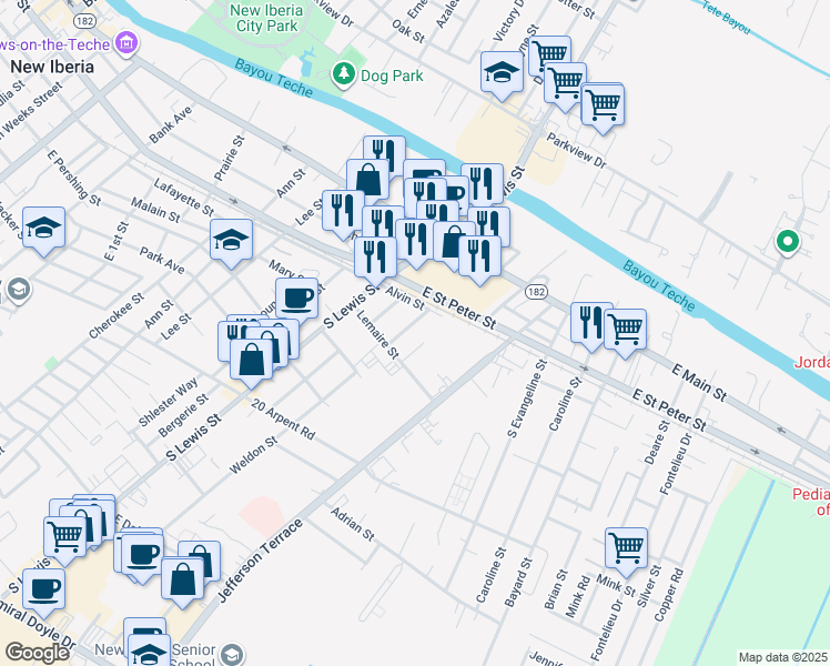 map of restaurants, bars, coffee shops, grocery stores, and more near 1303 Lemaire Street in New Iberia
