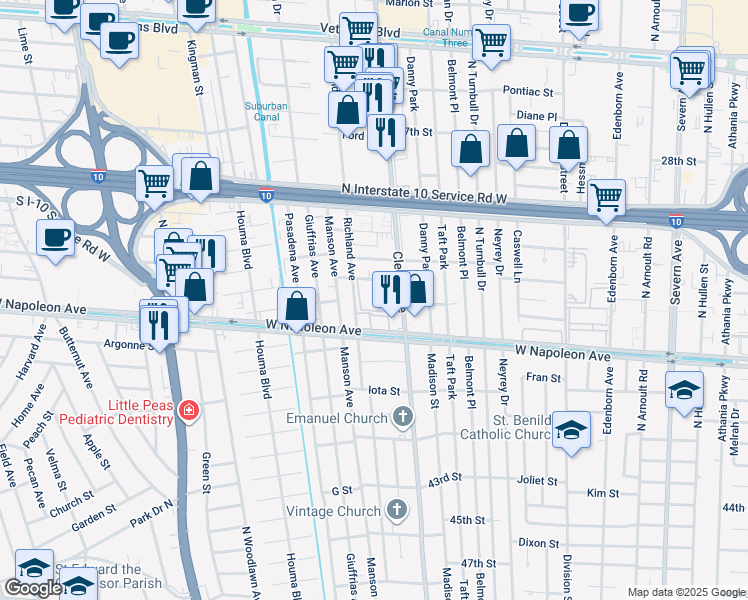 map of restaurants, bars, coffee shops, grocery stores, and more near 2220 Cleary Avenue in Metairie