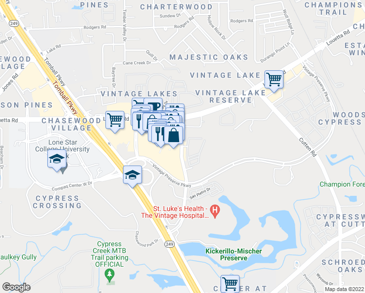 map of restaurants, bars, coffee shops, grocery stores, and more near 19949 Chasewood Park Drive in Houston