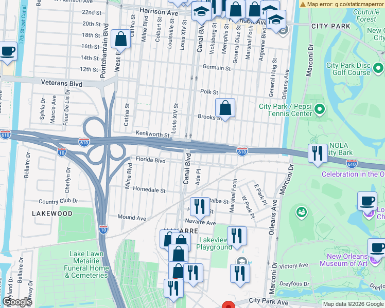 map of restaurants, bars, coffee shops, grocery stores, and more near 5701 Vicksburg Street in New Orleans