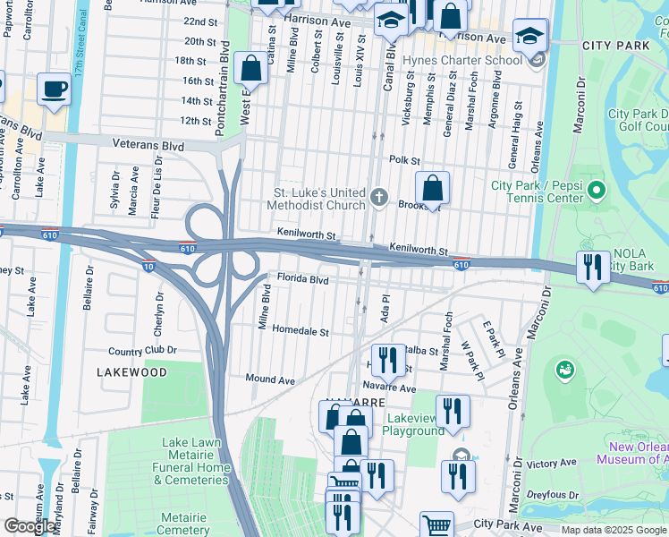 map of restaurants, bars, coffee shops, grocery stores, and more near 524 Florida Boulevard in New Orleans