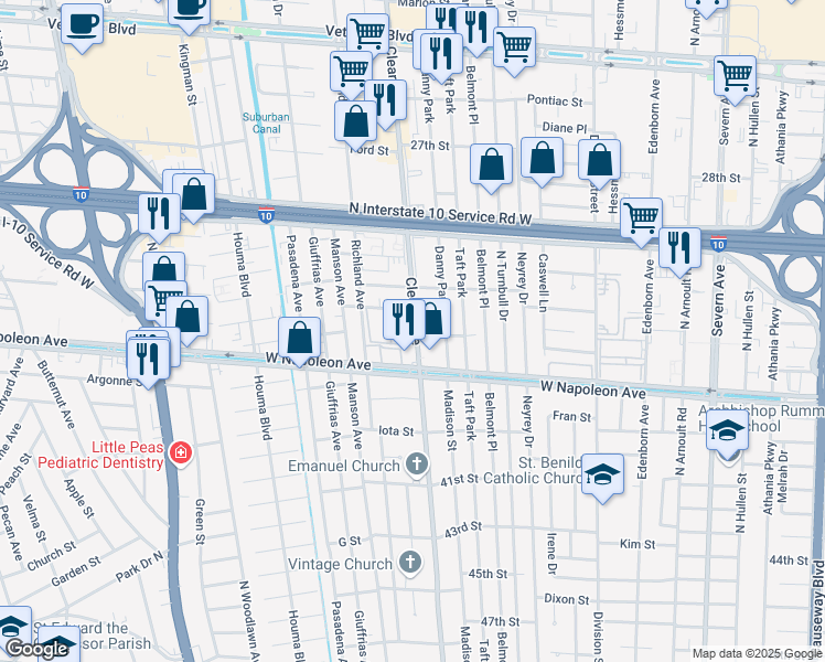 map of restaurants, bars, coffee shops, grocery stores, and more near 2121 Cleary Avenue in Metairie