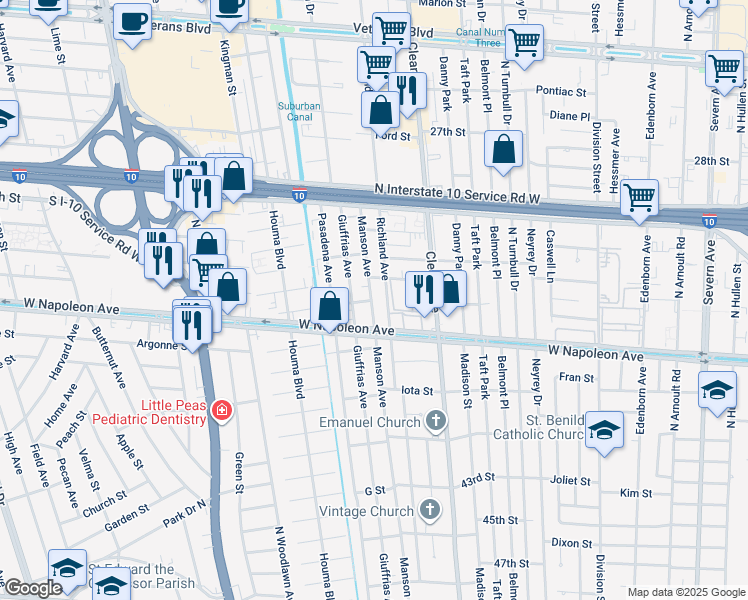 map of restaurants, bars, coffee shops, grocery stores, and more near 2109 Manson Avenue in Metairie