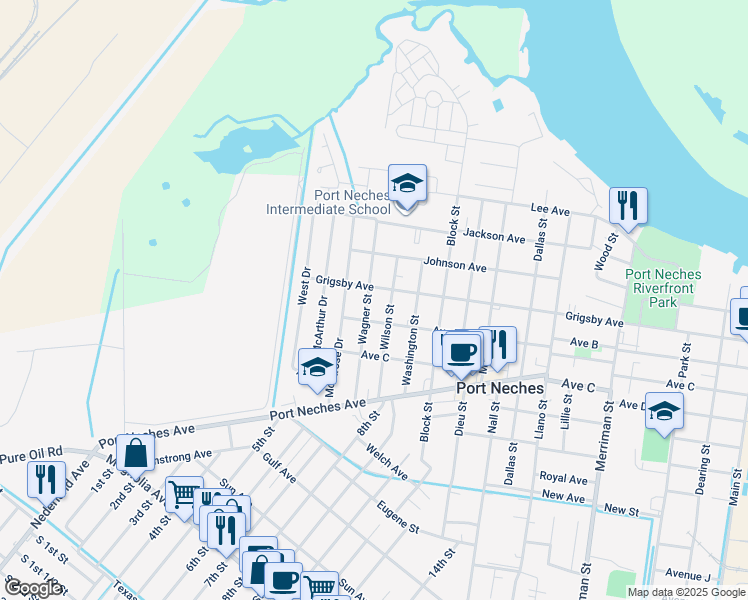map of restaurants, bars, coffee shops, grocery stores, and more near 1030 Wagner Street in Port Neches