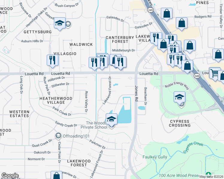 map of restaurants, bars, coffee shops, grocery stores, and more near 11407 Rothglen Drive in Houston