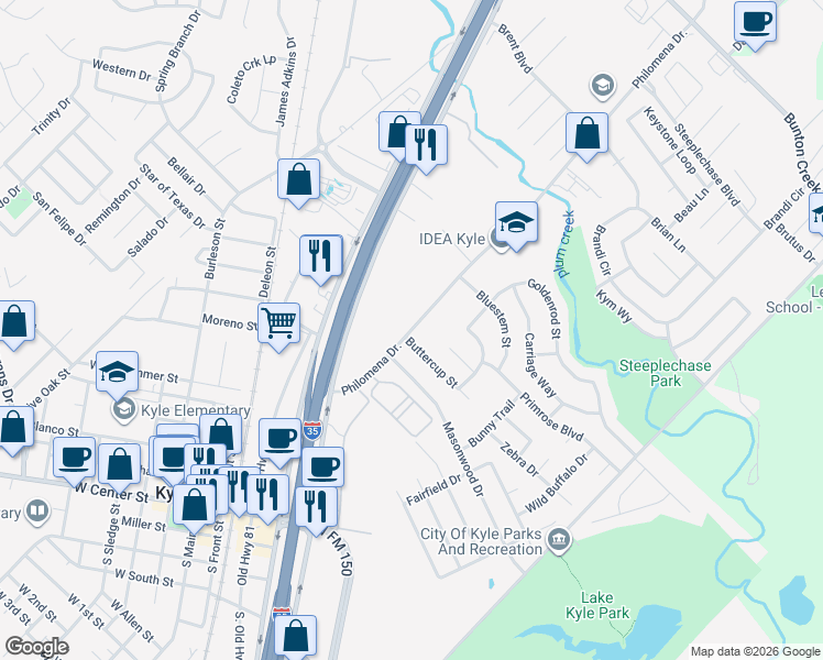 map of restaurants, bars, coffee shops, grocery stores, and more near 220 Goforth Road in Kyle