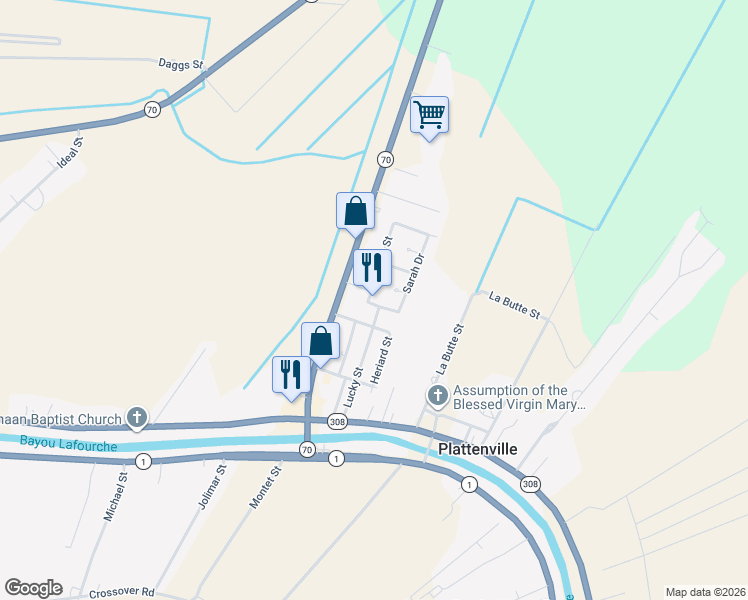 map of restaurants, bars, coffee shops, grocery stores, and more near 102 Paula Street in Plattenville