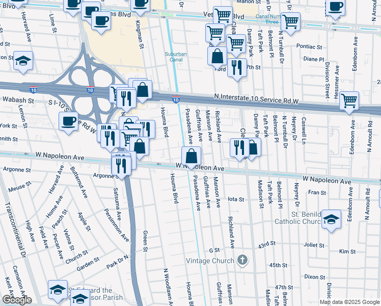 map of restaurants, bars, coffee shops, grocery stores, and more near 2200 Pasadena Avenue in Metairie