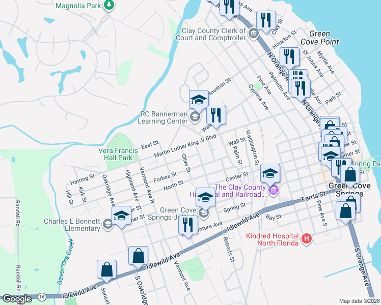 map of restaurants, bars, coffee shops, grocery stores, and more near 1209 Spruce Street in Green Cove Springs