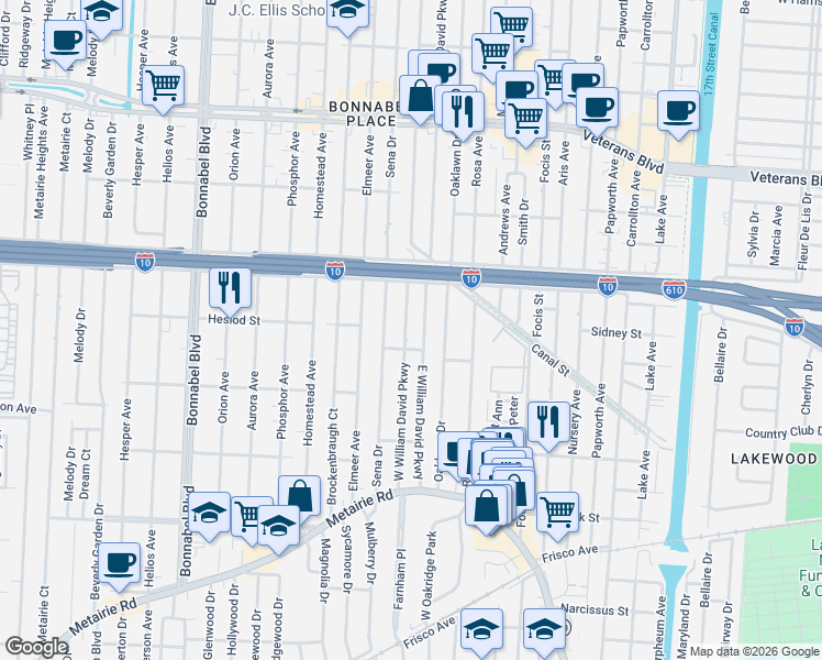 map of restaurants, bars, coffee shops, grocery stores, and more near 300 West William David Parkway in Metairie