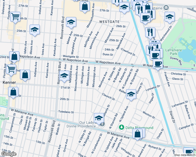 map of restaurants, bars, coffee shops, grocery stores, and more near 1433 Montana Avenue in Kenner