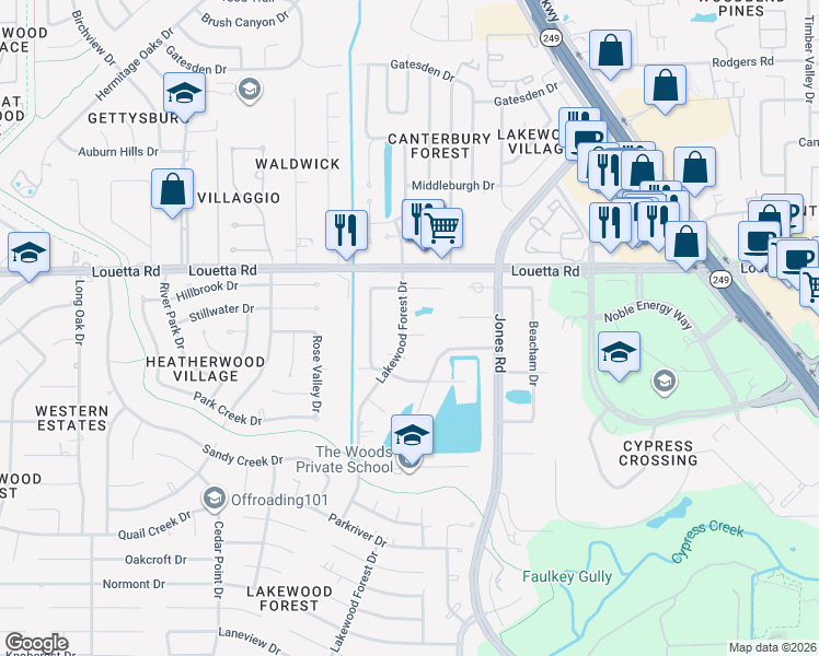 map of restaurants, bars, coffee shops, grocery stores, and more near 11407 Rothglen Drive in Houston