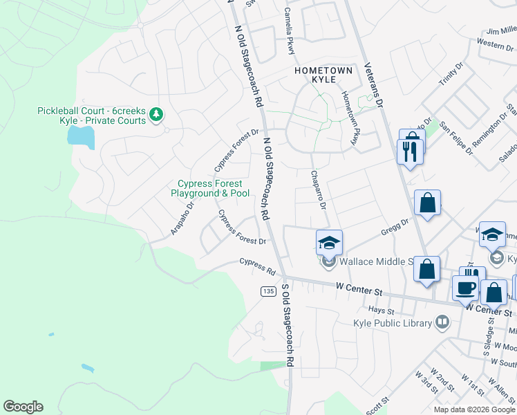 map of restaurants, bars, coffee shops, grocery stores, and more near 228 Gunnison Way in Kyle