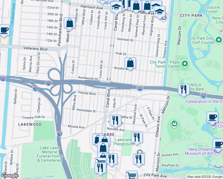 map of restaurants, bars, coffee shops, grocery stores, and more near 5701 Vicksburg Street in New Orleans