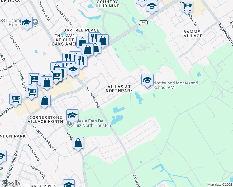 map of restaurants, bars, coffee shops, grocery stores, and more near 14307 Mirkwood Lane in Houston
