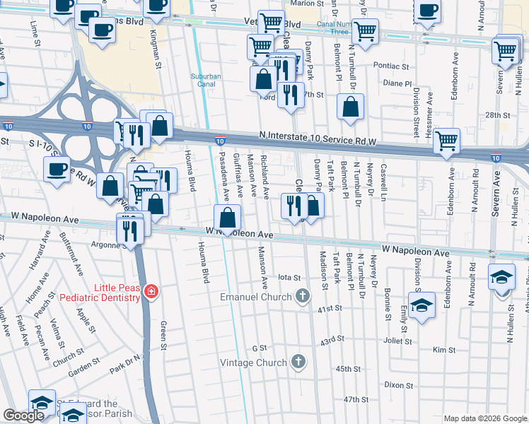 map of restaurants, bars, coffee shops, grocery stores, and more near 2109 Manson Avenue in Metairie