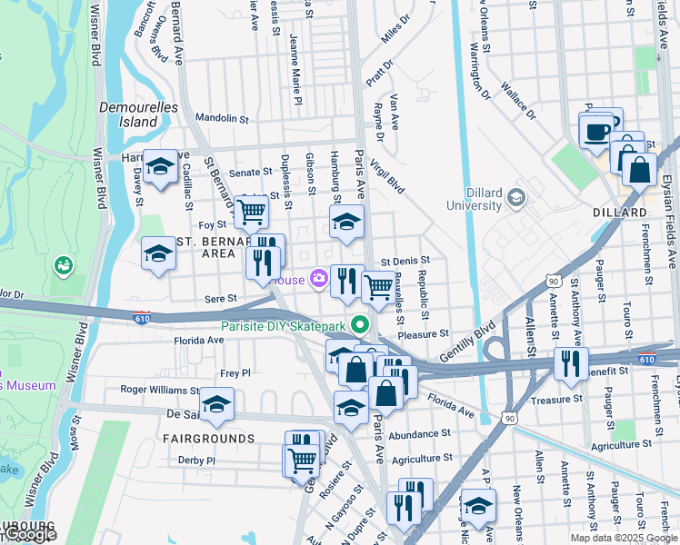 map of restaurants, bars, coffee shops, grocery stores, and more near 3650 Hamburg Street in New Orleans